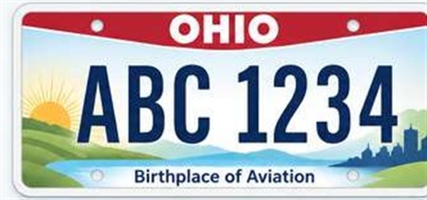 Ohio standard license plate design with the number ABC 1234 and the Birthplace of Aviation slogan